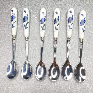 6 Vintage Demitasse Stainless Spoon Flatware Blue Floral Porcelain Handles Tea